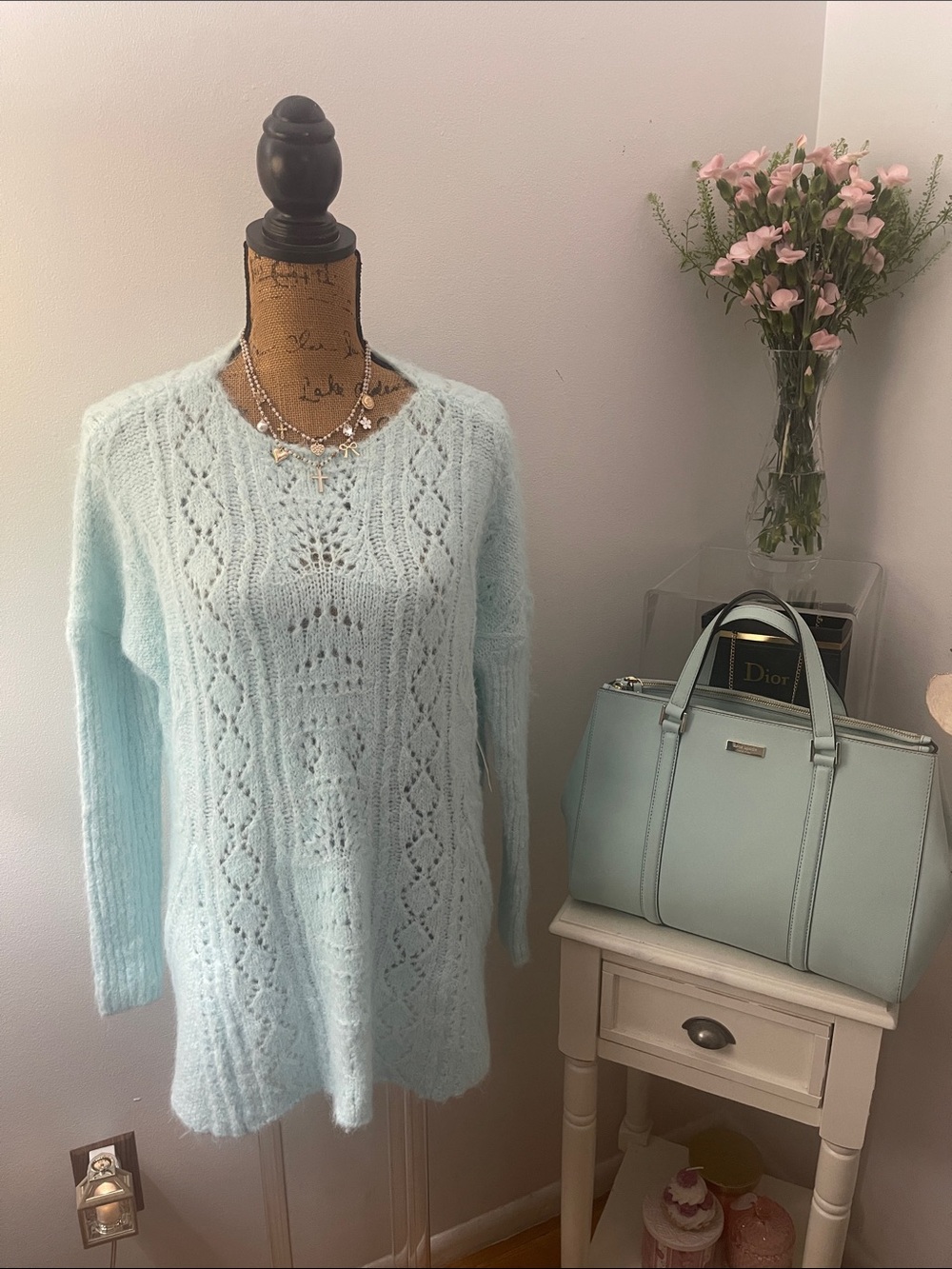 Anthropologie Pale Aqua Blue Lace-Knit Crewneck Sweater